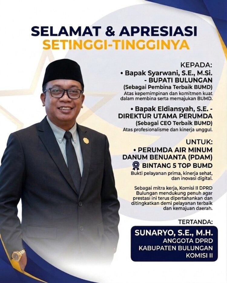 TOP Pembina BUMD 2026 Diraih Bupati Bulungan, Sunaryo Beri Apresiasi Tinggi